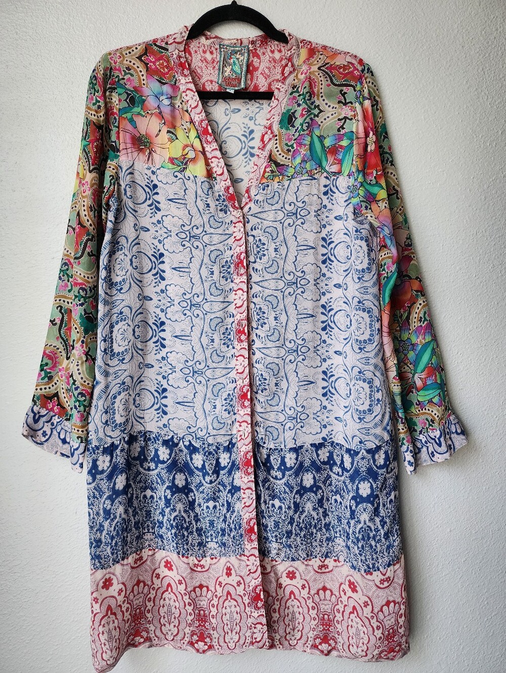 Johnny Was Cupra Rayon Patchwork Floral Paisley Button Down Tunic Dress Small